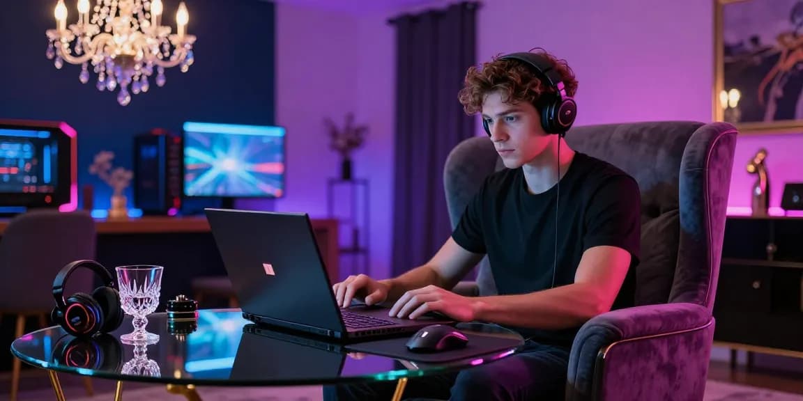 Experience iwin in a luxurious gaming environment with sophisticated decor, elegant accessories, and vibrant LED lighting.