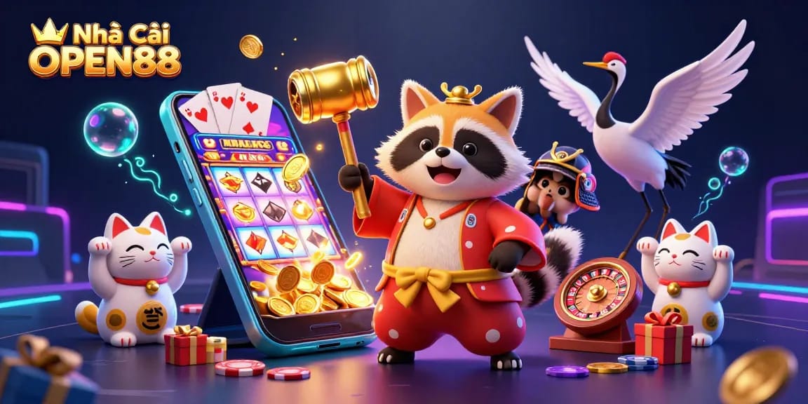 Experience thrilling slots with Nhà Cái OPEN88, featuring vibrant characters and dynamic casino elements.