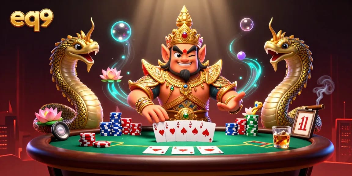 Experience exciting gaming action with eq9, featuring vibrant casino illustrations with poker elements.