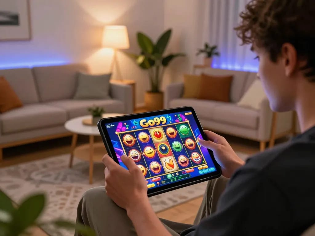 Player engaging with Go99 slot game on tablet in a modern living room