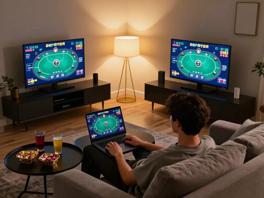 Engaging with ee88 online casino on a laptop at home with a cozy atmosphere