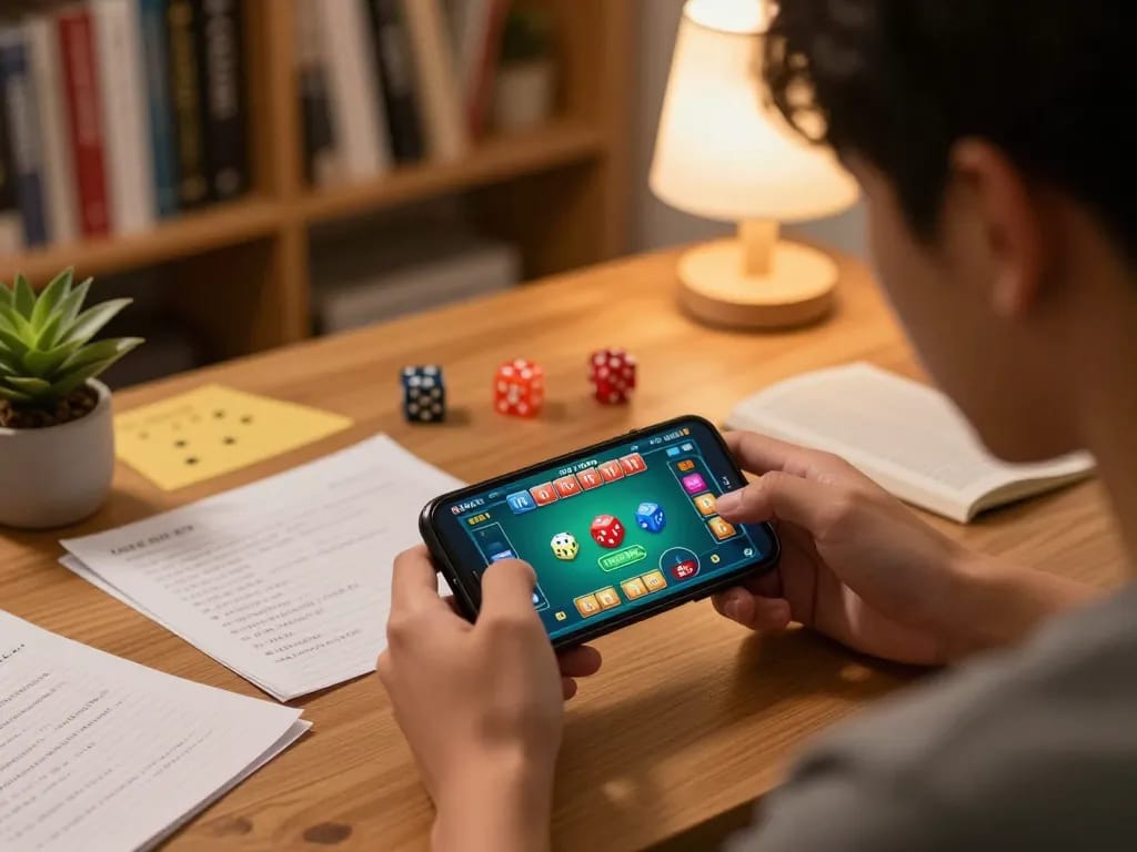 Engaging gaming strategy for tài xỉu 10 in a cozy home setting with smartphone gameplay.