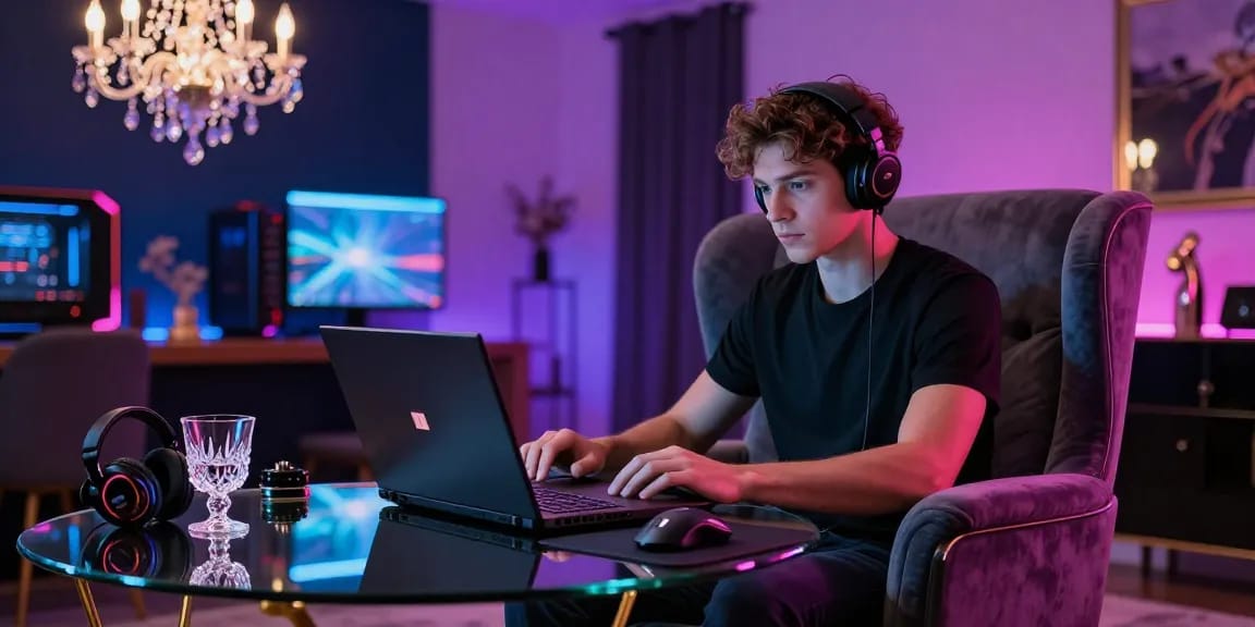 Experience iwin in a luxurious gaming environment with sophisticated decor, elegant accessories, and vibrant LED lighting.