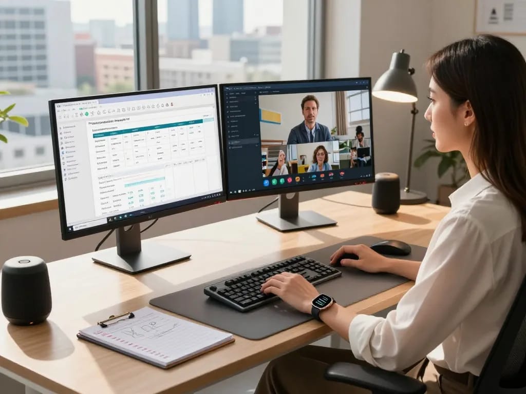 Discover effective tech gadgets for productivity used in a modern office workspace with dual monitors and ergonomic setup.