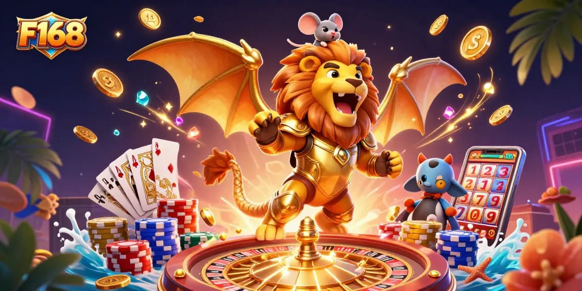 F168 chases fortune with a roaring chimera and a daring mouse jockey amidst gleaming casino treasures
