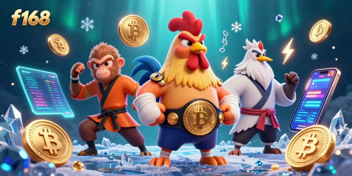 Engage with fun games at f168, showcasing a vibrant 3D scene of cartoon characters amidst glowing cryptocurrency and gaming elements.