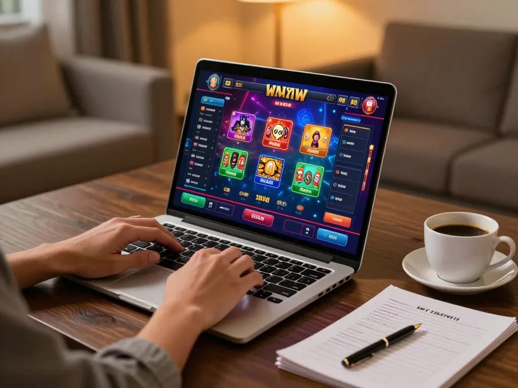 Engaging in online gaming with 8day, showcasing a laptop and vibrant game interface in a cozy setting.
