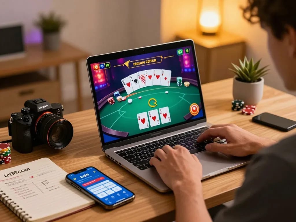 Engaged player using tr88 com for online poker strategizing at home, promoting responsible gaming.