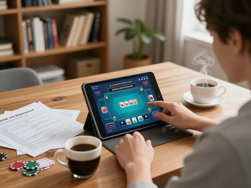 Engaging in online poker strategies with kèo nhà cái 88 in a cozy home office setting.