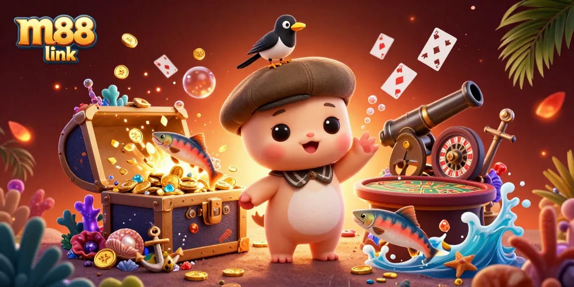 Engage with m88 link in a vibrant 3D illustration of a playful Nessie and magpie amid a dynamic casino scene.
