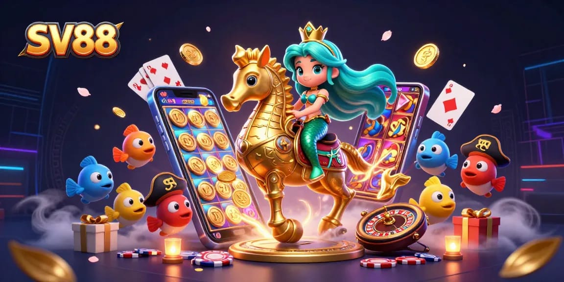 Experience exciting wins at SV88 with a vibrant casino-themed scene featuring a mermaid princess and gaming elements.