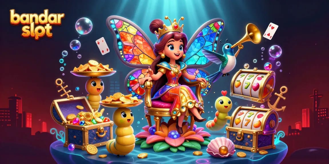 Experience the excitement of bandar slot with a vibrant 3D illustration of a butterfly queen in a casino scenario filled with slot elements.