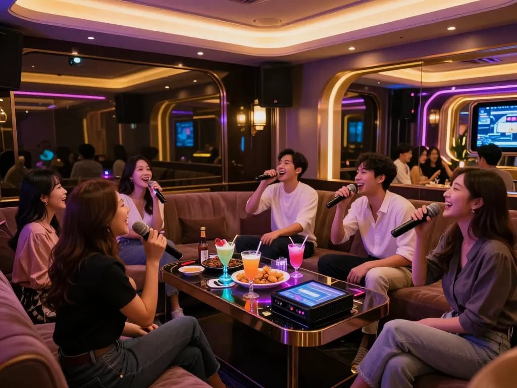 화려한 장식과 칵테일로 즐거운 밤을 보내고 있는 달토가라오케의 손님들.