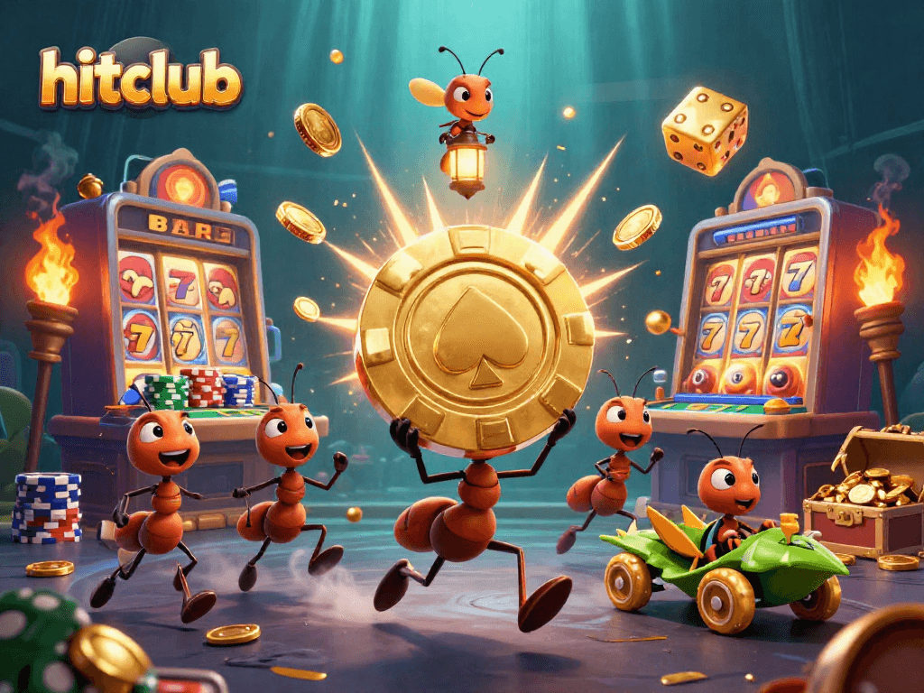 Hitclub-themed illustration with ants heisting a poker chip, surrounded by dynamic casino elements.