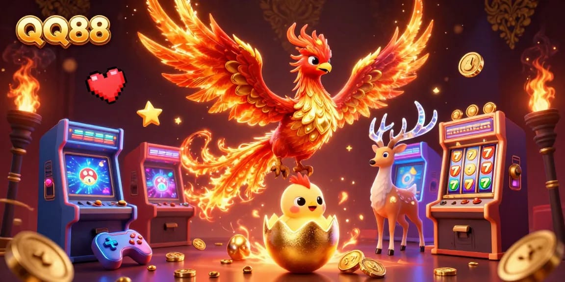 Experience dynamic gaming at QQ88 with a vibrant 3D scene of a phoenix, arcade machines, and slot reels.
