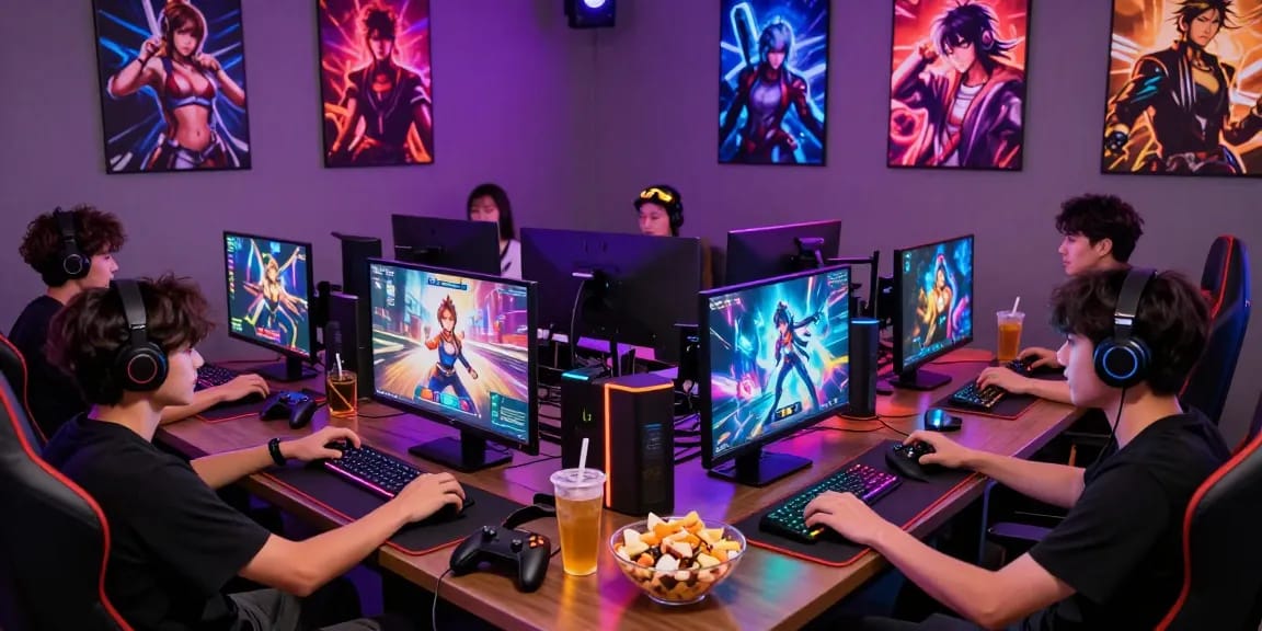 Players enjoying hentai games in a vibrant gaming lounge with dynamic lighting.
