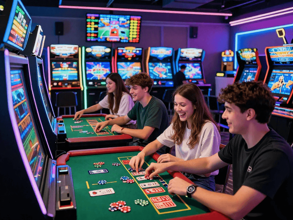 Dynamic gaming scene at a nhà cái debet facility with excited young adults engaging in betting activities.