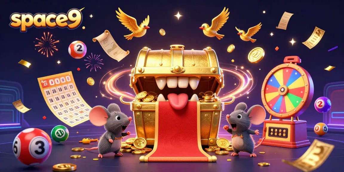 Space9 Casino illustration featuring a treasure chest luring adventurer mice amidst vibrant game elements