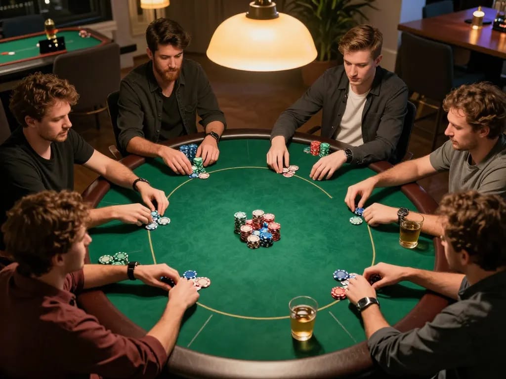 Players strategizing in a lively poker game at home featuring RR88 action.