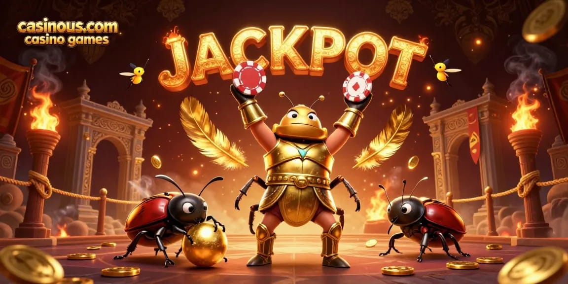 Experience casinous.com casino games with vibrant beetle characters celebrating a jackpot.
