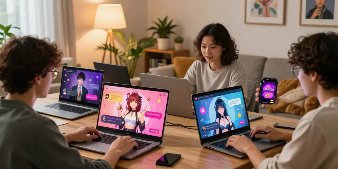 Interactive engaging scene of users enjoying ai hentai chat with anime characters and vibrant interfaces.