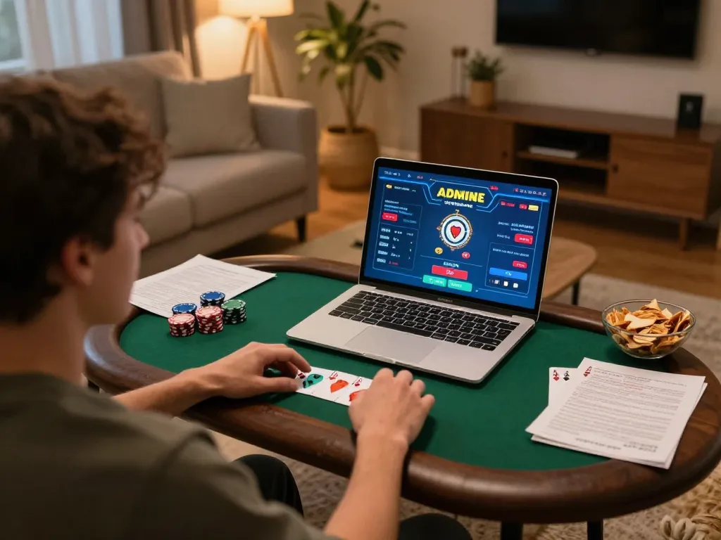mm88star player strategizing during online poker session in a cozy home setting
