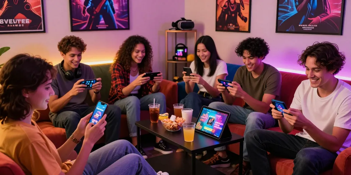 Friends enjoying free mobile porn games on smartphones in a vibrant gaming lounge