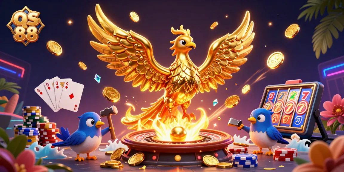 Engage in vibrant gambling experiences with qs 88, highlighted by a molten gold phoenix and dynamic casino elements.