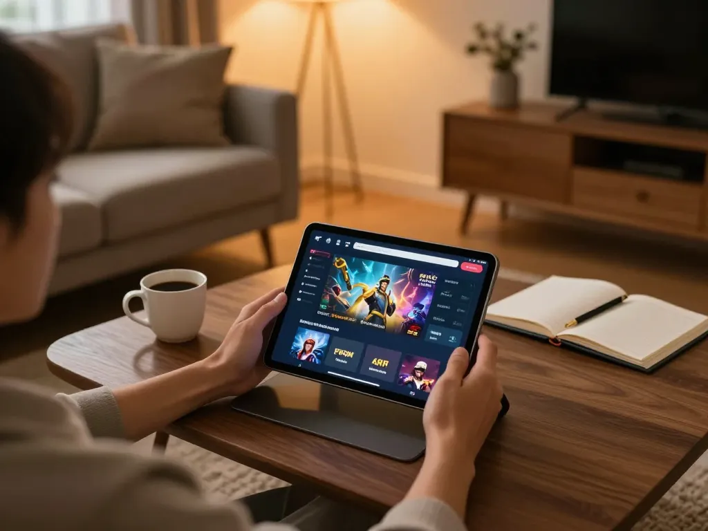CỔNG GAME SUNWIN user engaging in online gameplay with cozy home setup, highlighting strategic planning and modern aesthetics.
