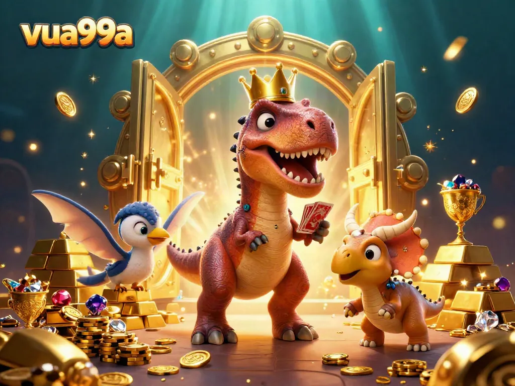 Engage in fun at vua99a's vibrant casino through a cartoon scene with dinosaurs and gem decorations.
