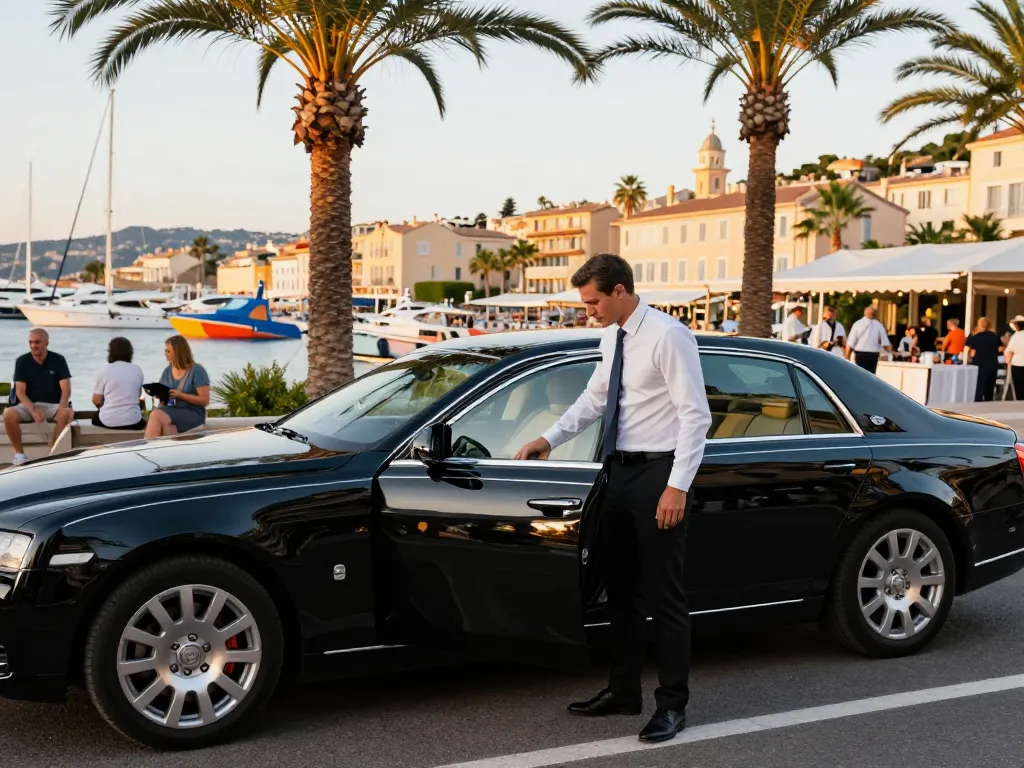 Taxi Saint-Tropez avec chauffeur professionnel accueillant des clients dans un véhicule de luxe au port pittoresque