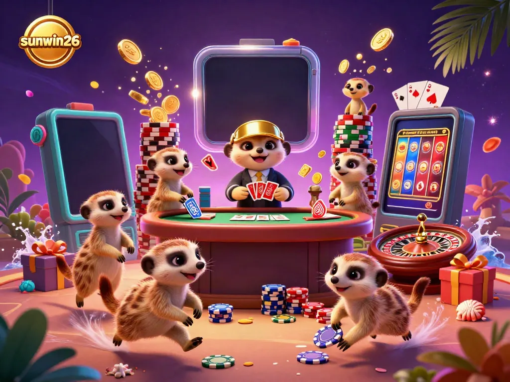 Experience the vibrant casino atmosphere with meerkats operating the exciting sunwin26 gaming scene, showcasing dynamic slot games and colorful elements.