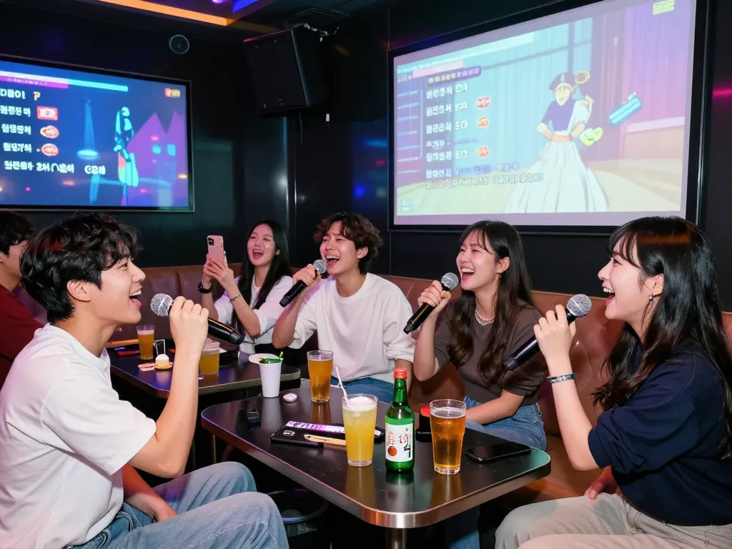 www.3no.org/bupyeong에서 부평의 밤문화는 친구들이 활기차고 현대적인 바 환경에서 노래방을 즐기는 모습입니다.