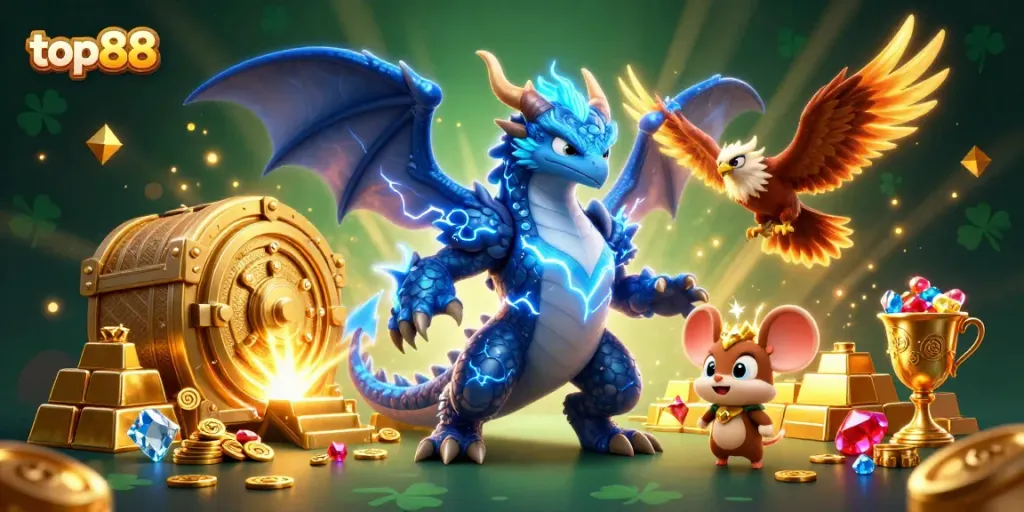 Spin with top88: dragon and hawk amid treasure in this energetic casino scene.