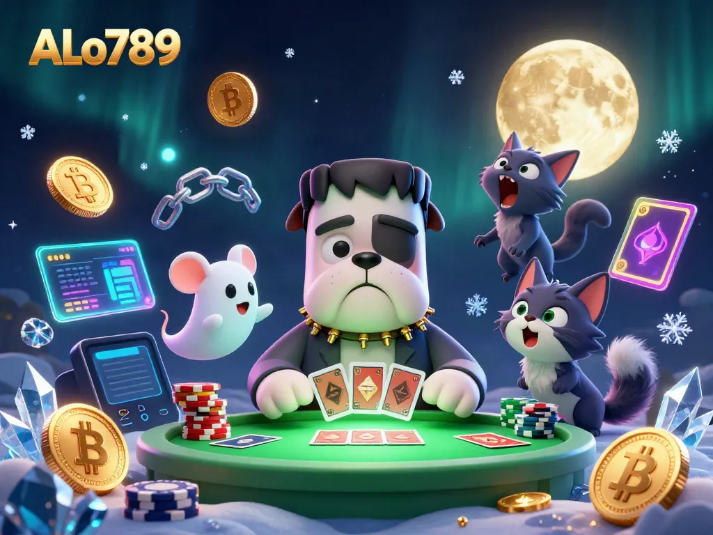 Engage with ALo789 as a Frankenstein bulldog dealer offers cards amidst a ghostly chip scene.