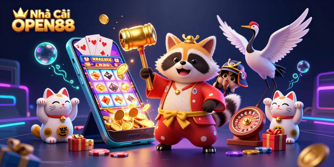 Experience thrilling slots with Nhà Cái OPEN88, featuring vibrant characters and dynamic casino elements.