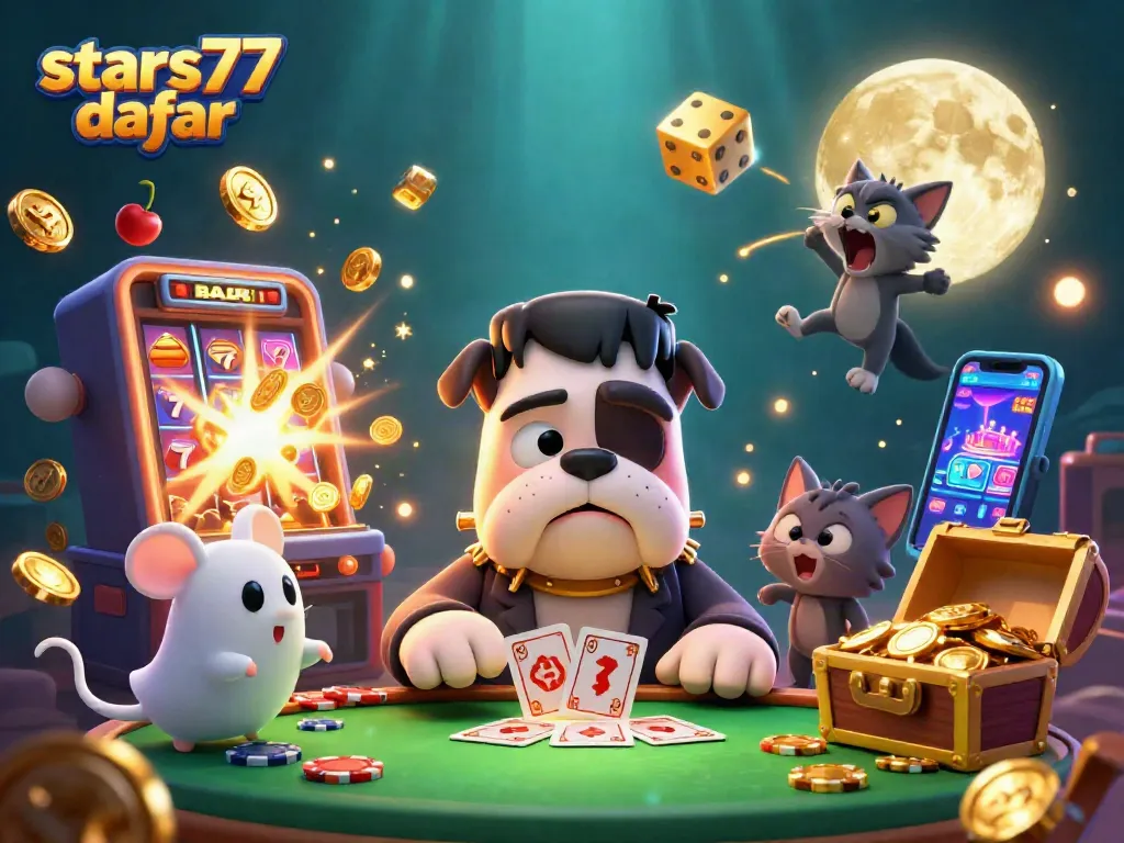Menggali kegembiraan bermain kartu di "stars77 daftar" dengan karakter kasino unik dan suasana yang memikat.
