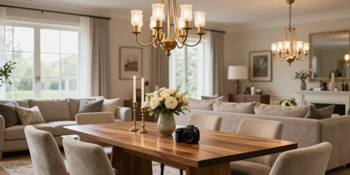 Candelabru living elegant în living room modern, cu lumină caldă și decor sofisticat