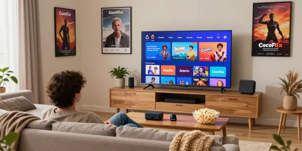 CocoFlix streaming app showcased in a cozy living room setup with a smart TV, popcorn, and inviting ambiance