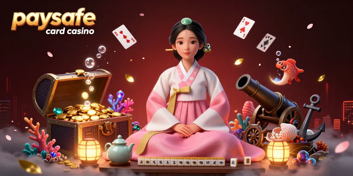 Paysafe Card Casino-Szene mit eleganter asiatischer Frau, lebhaften Casino-Elementen, Goldmünzen und schwebenden Karten.
