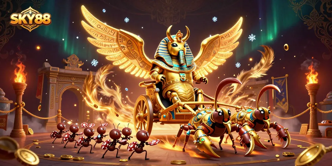 Engage in thrilling games at SKY88 with captivating visuals of a golden scarab and scorpions.