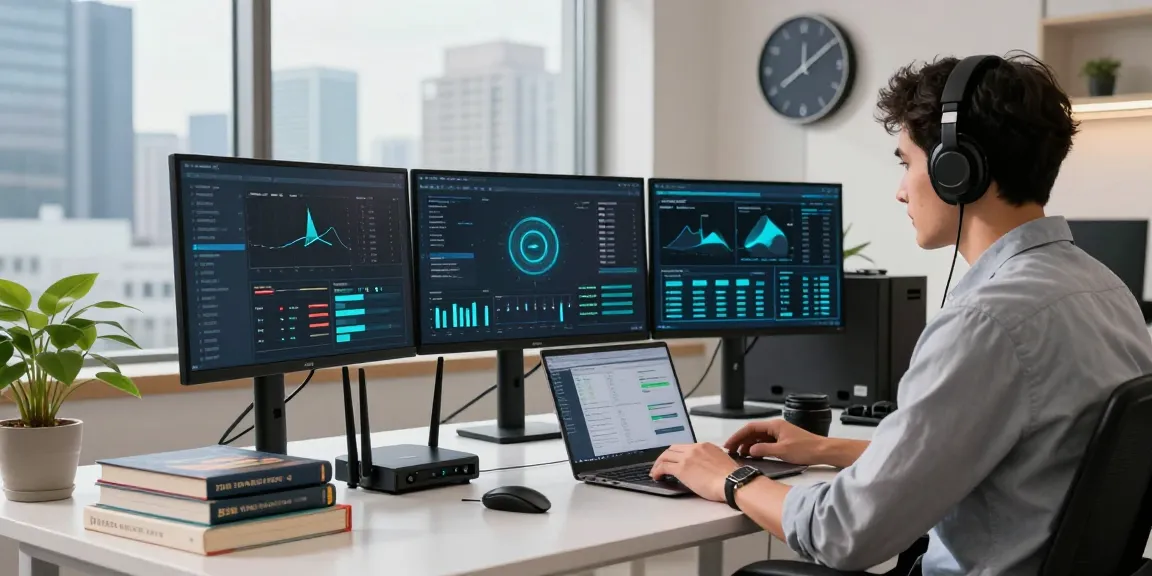 快连 network engineer optimizing global connections in a modern workspace with multiple monitoring screens.