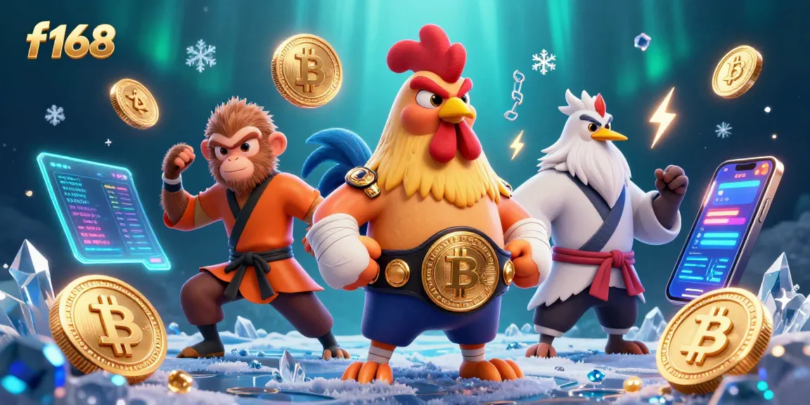 Engage with fun games at f168, showcasing a vibrant 3D scene of cartoon characters amidst glowing cryptocurrency and gaming elements.