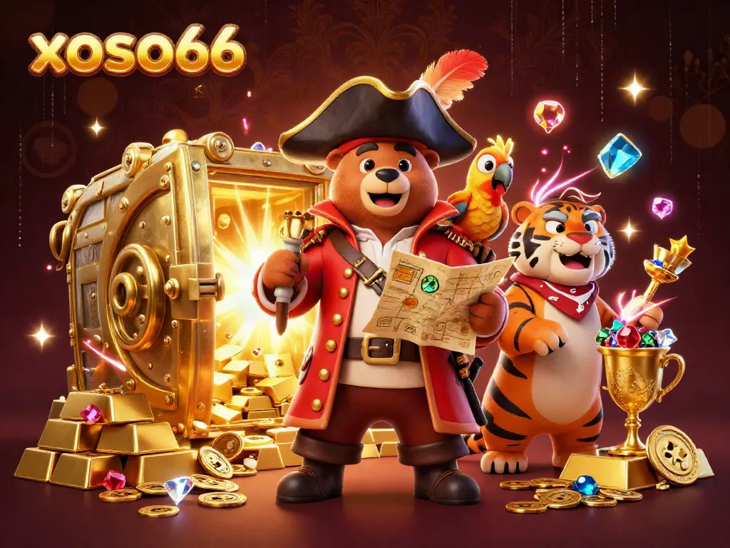 Xoso66 gameplay scene featuring a pirate bear, tiger first mate, and treasure elements in an engaging online lottery atmosphere