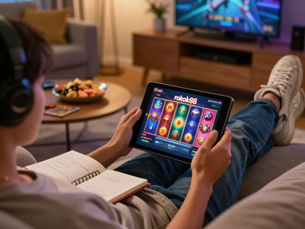 Mainkan slot rokok88 di tablet dalam suasana ruang tamu yang nyaman dengan camilan dan strategi permainan.