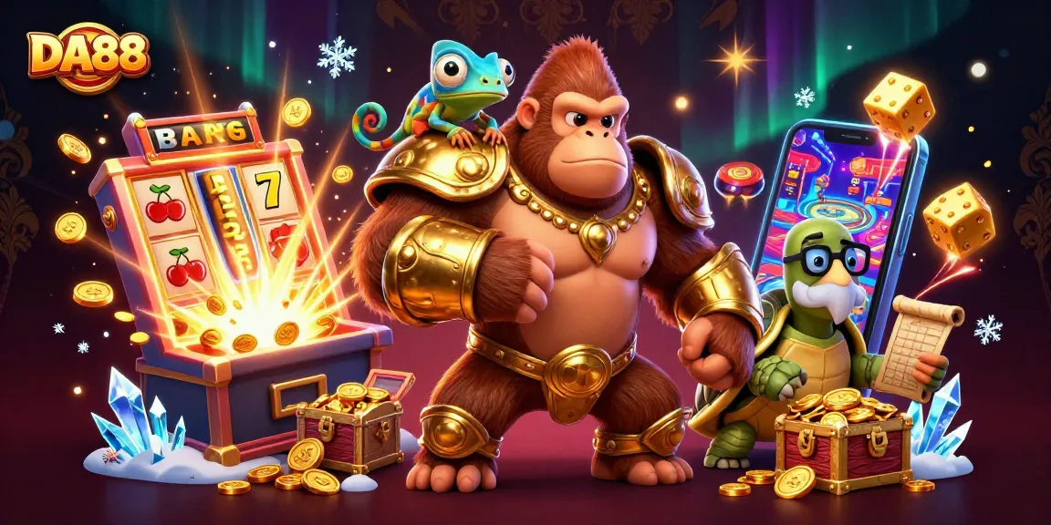 Engage in thrilling gameplay with DA88, featuring dynamic 3D characters and vibrant casino elements.