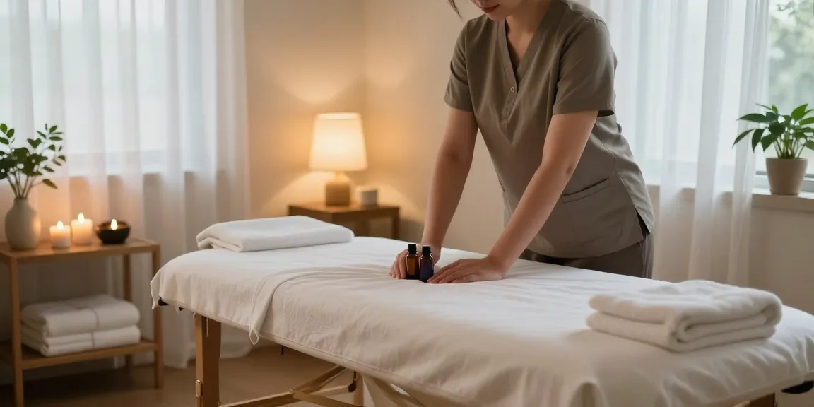 마사지 치료가 진행되는 편안한 룸 안에서 아로마 오일을 준비하는 장면