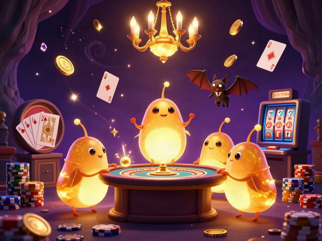 Experience the excitement of ALO789 Link with a luminous casino scene featuring glowworms and a bat dealer.