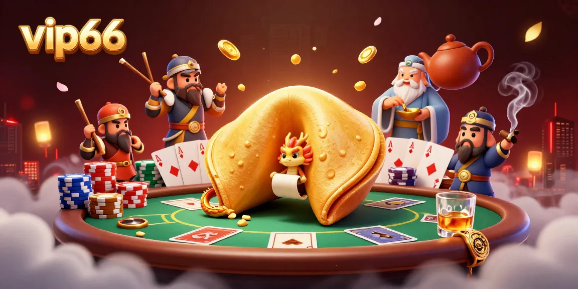 Engage with vip66's vibrant casino scene featuring a fortune cookie and dynamic gaming elements.