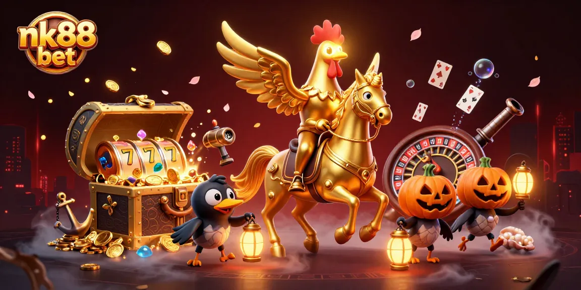 Engage with nk88 bet in a vibrant casino scene featuring a golden rooster and treasure hunting elements.